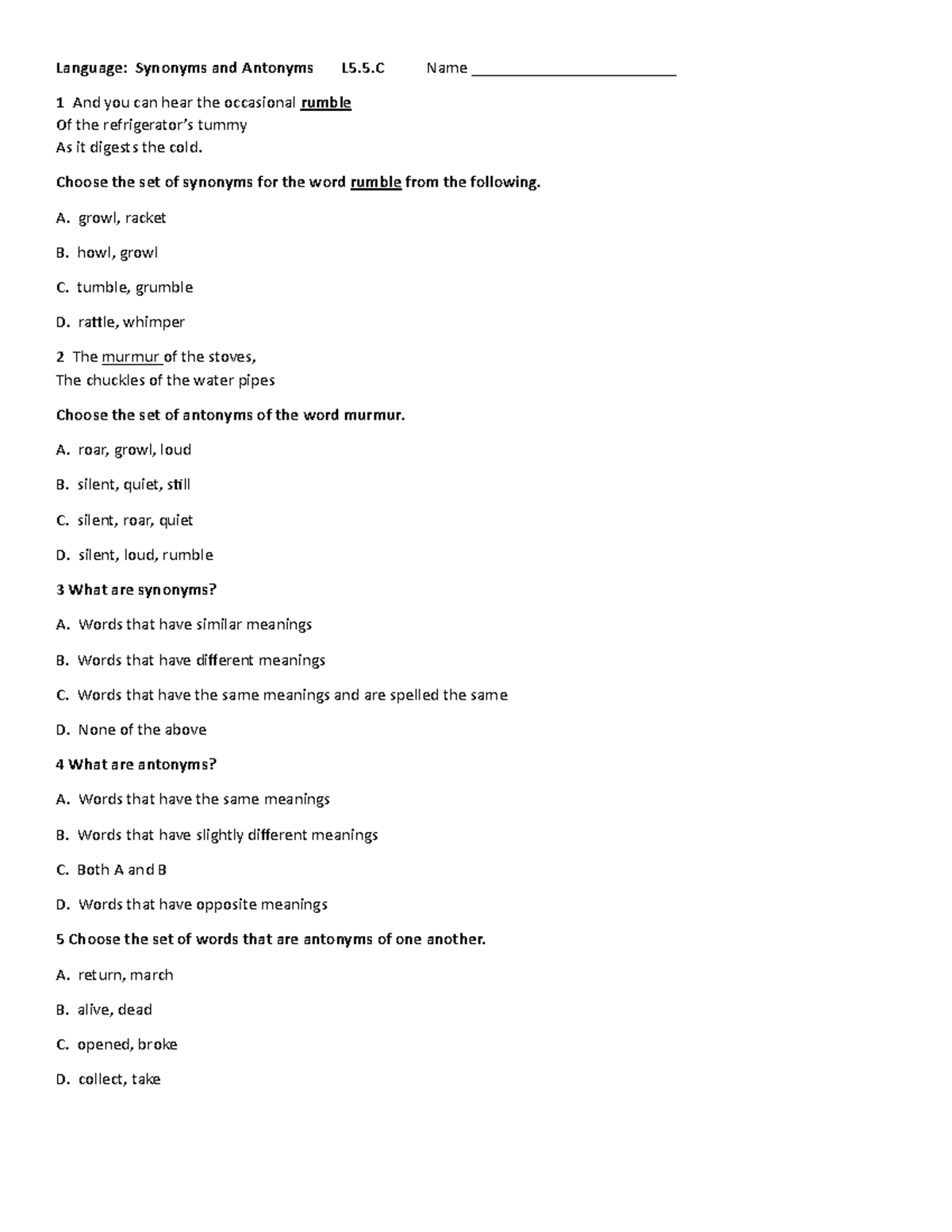 L5.5 Asynchronous Reading: Synonyms & Antonyms Practice - Studocu