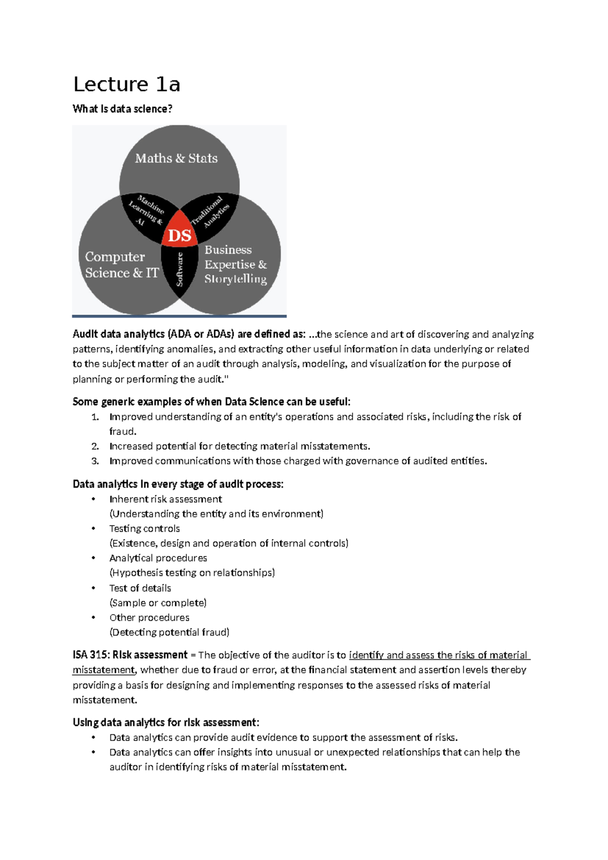 Samenvatting van DSA - Inleiding tot Data Science en Audit Analyse ...