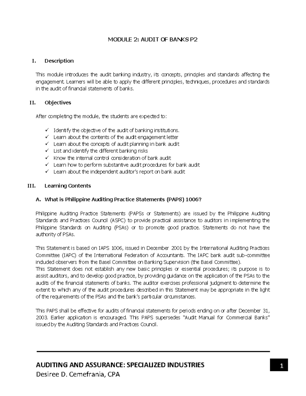 Module 4: Audit of Banks P2 - Concepts, Standards & Procedures in Focus - Document Preview