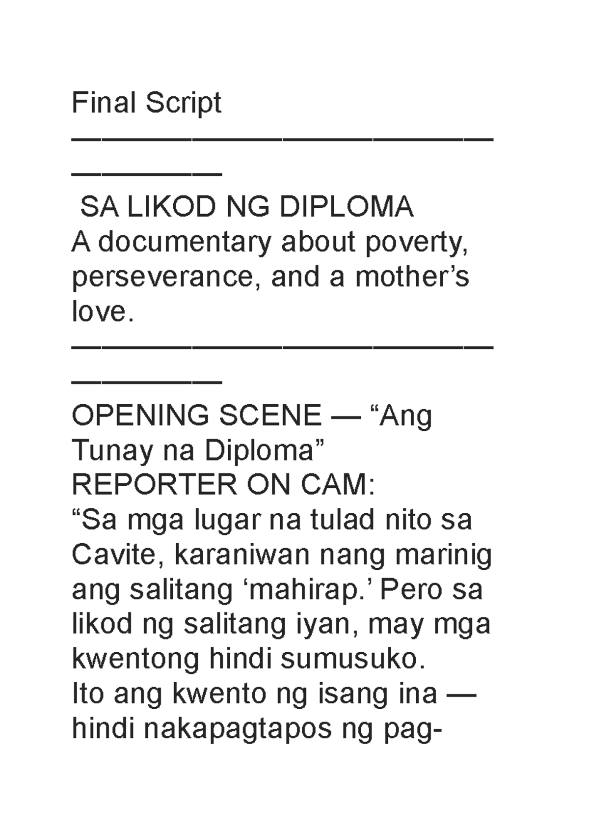 Final Script SA LIKOD NG DIPLOMA: A Documentary on Poverty ...