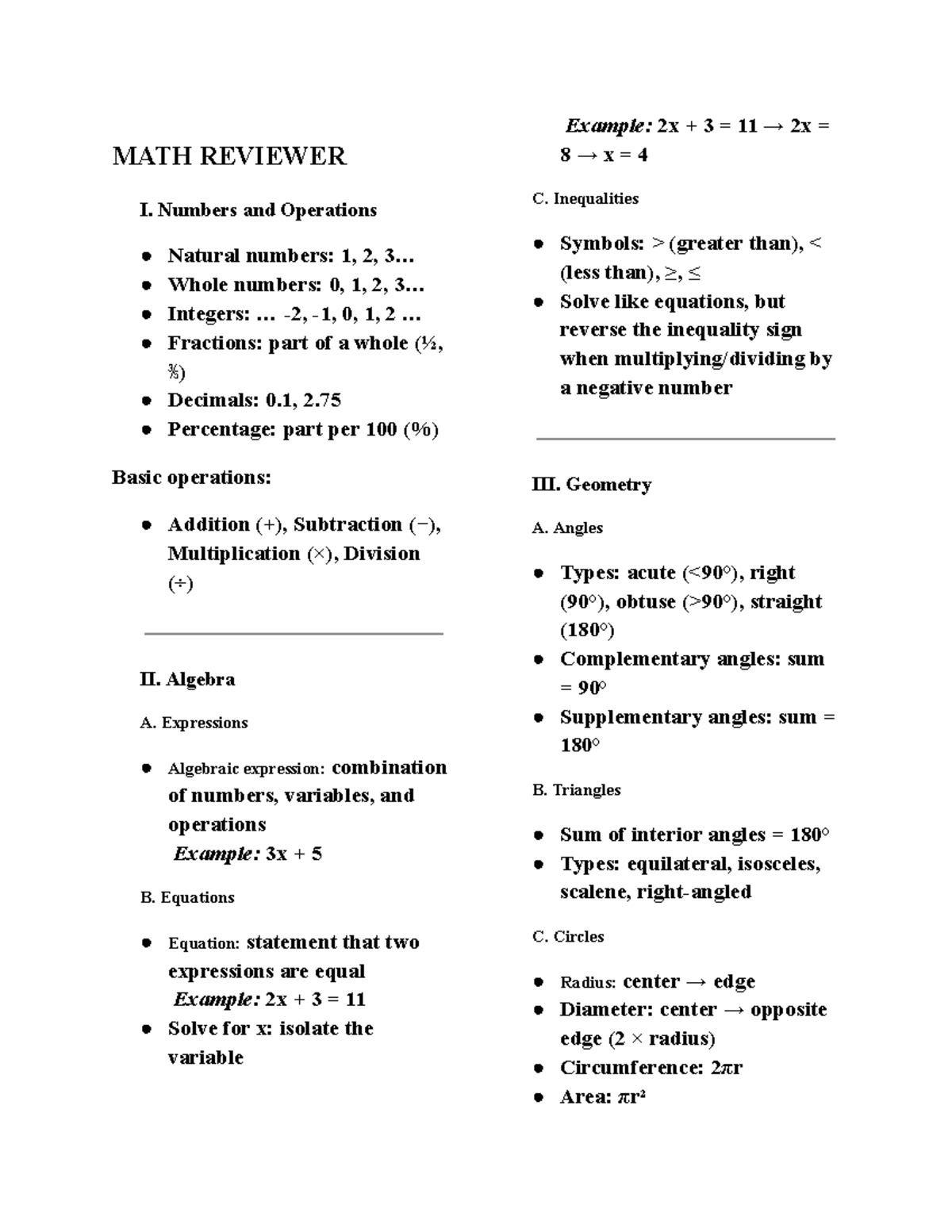 MATH 101: Comprehensive Review of Numbers, Operations, and Algebra ...