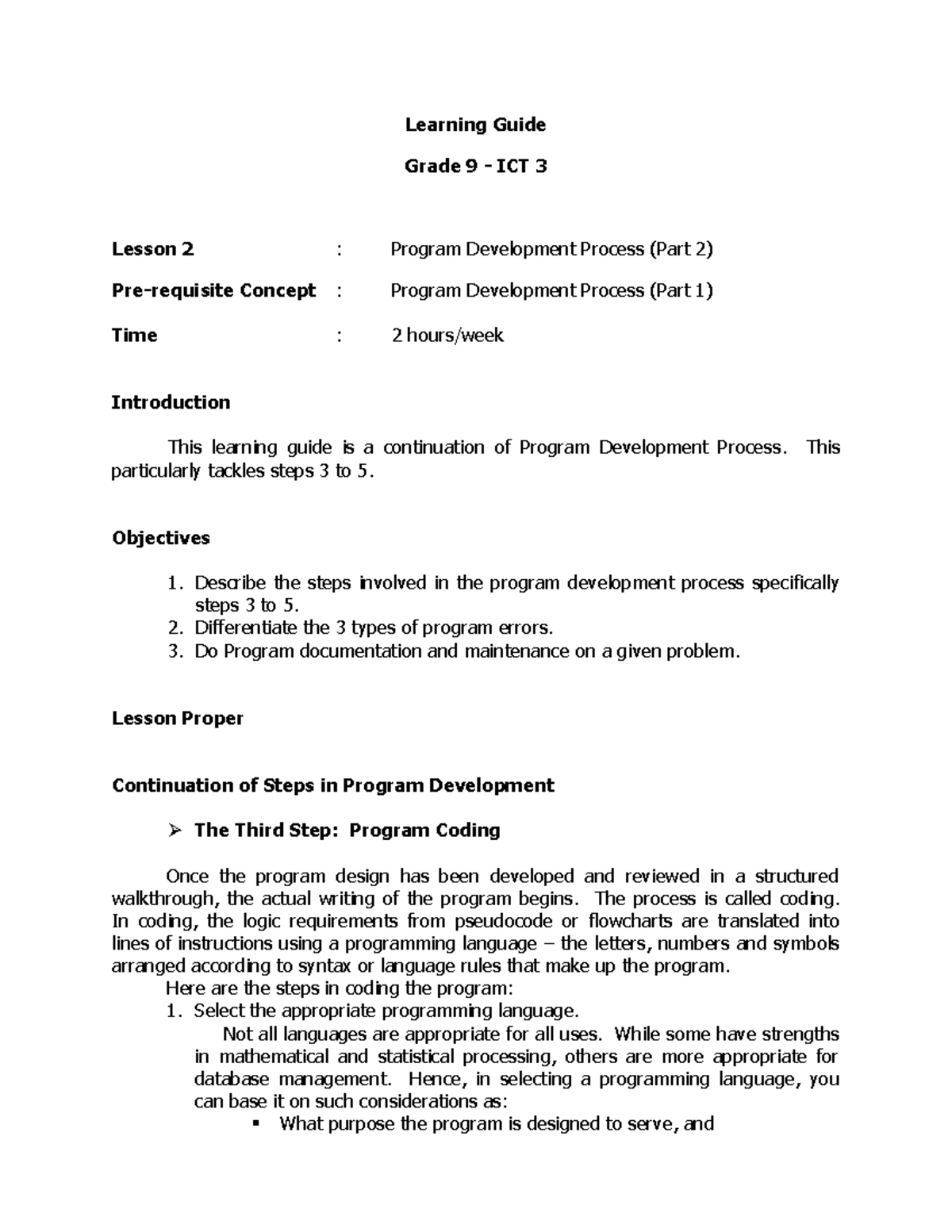 ICT3-LG2 - Continuation of Program Development Process (Part 2) - Studocu
