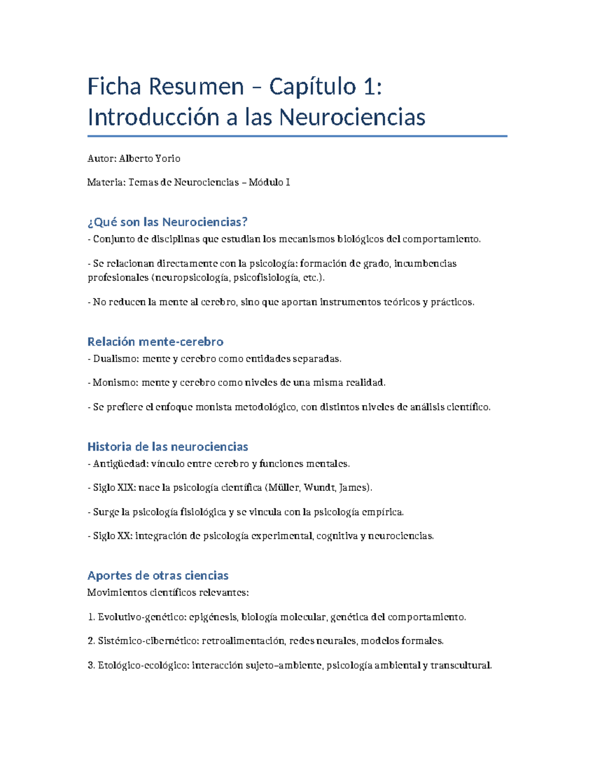 Resumen del Capítulo 1: Introducción a las Neurociencias (Temas de ...
