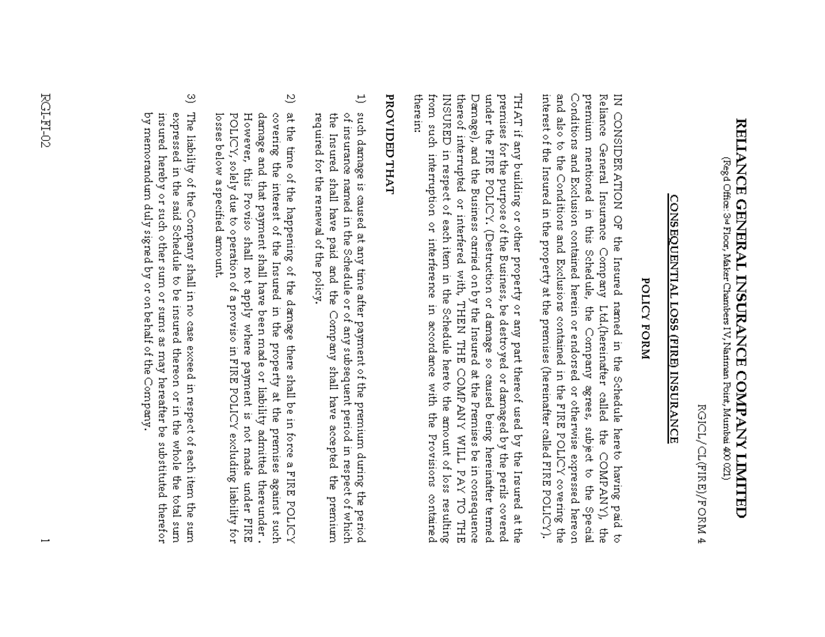 RELIANCE GENERAL INSURANCE: Fire Consequential Loss Policy Form ...