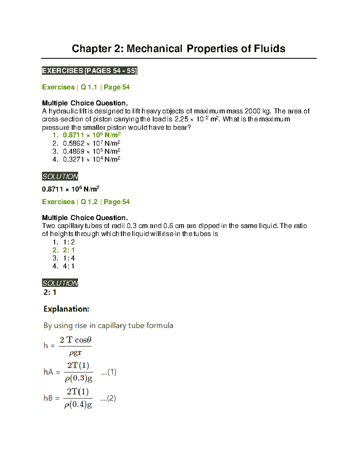 Chapter 2: Mechanical Properties of Fluids - Exercises and Solutions ...