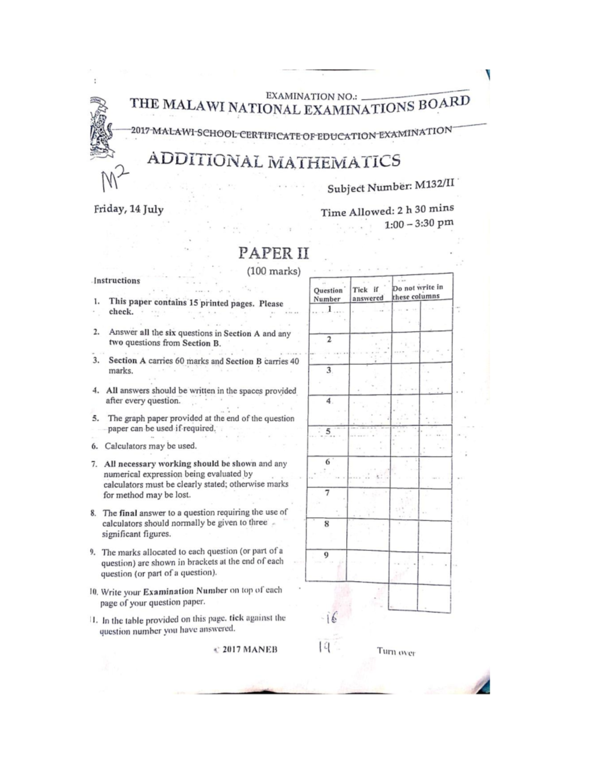 2017 MANEB Additional Mathematics P2 Exam Paper - Studocu