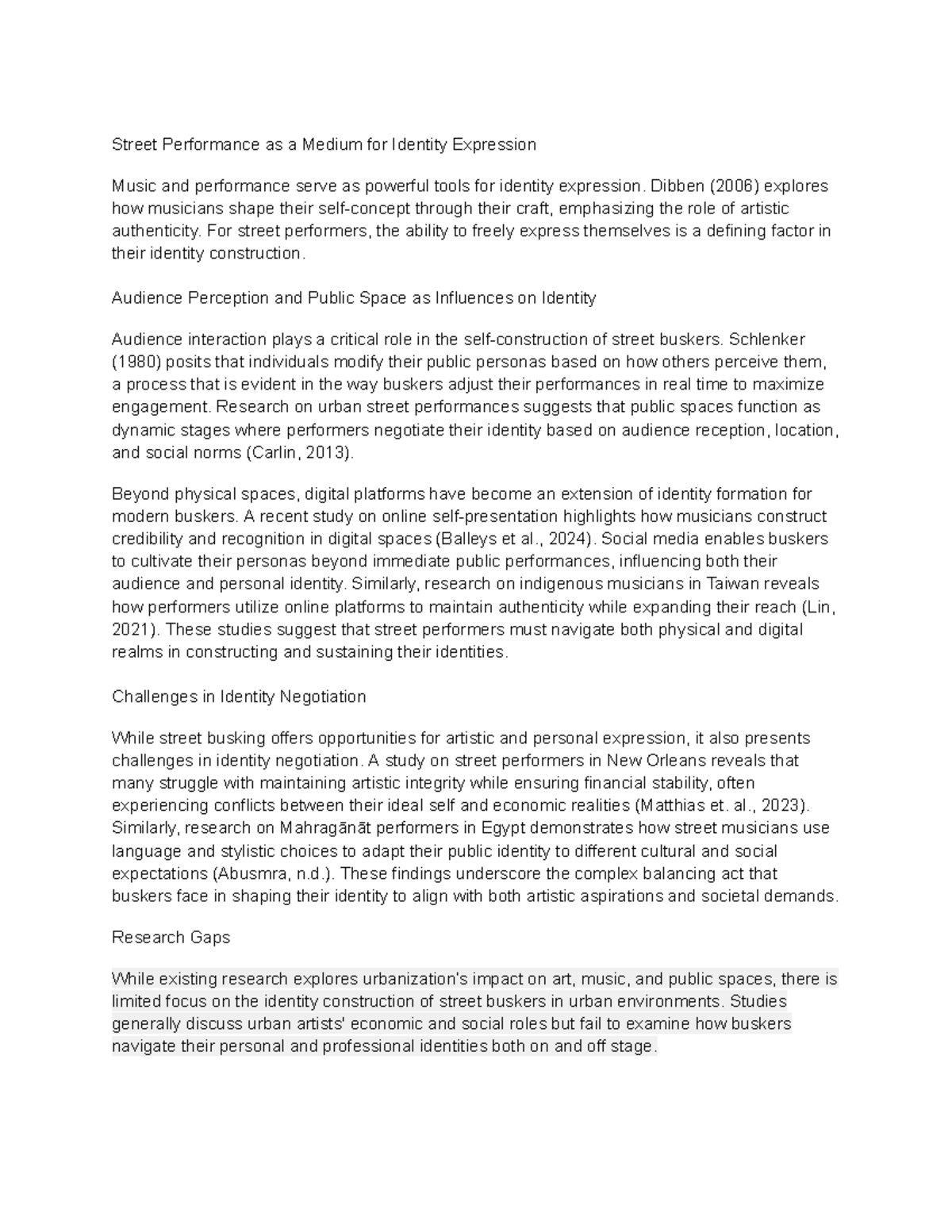RRL Analysis: Research Gaps in Street Performance Identity - Notes ...