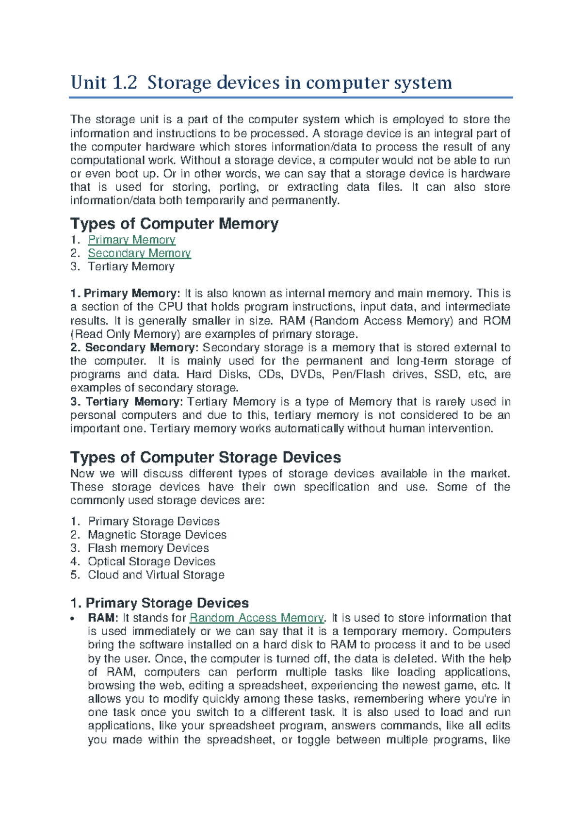 Unit 1.2: Overview of Storage Devices in Computer Systems - Studocu