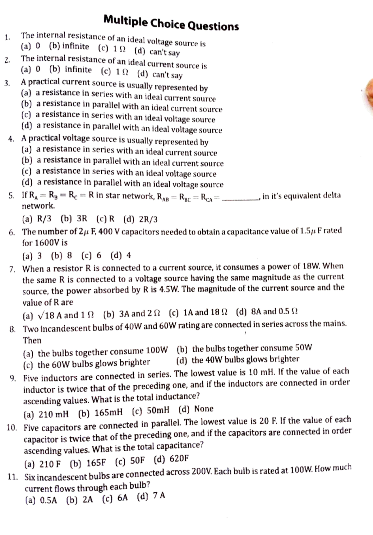 BEE MCQ - Chapters 1 & 2 MCQs for Electrical Engineering Students - Studocu