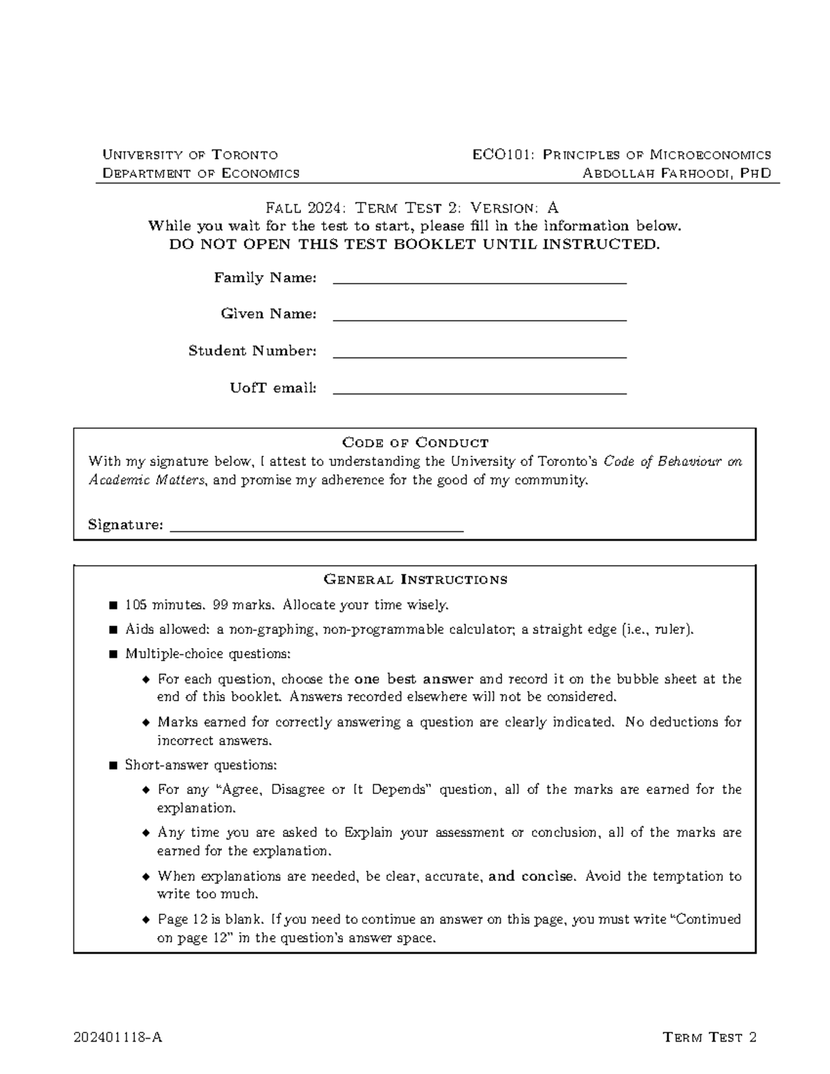 ECO101 F2024 midterm 2 Questions - University of Toronto ECO101 ...