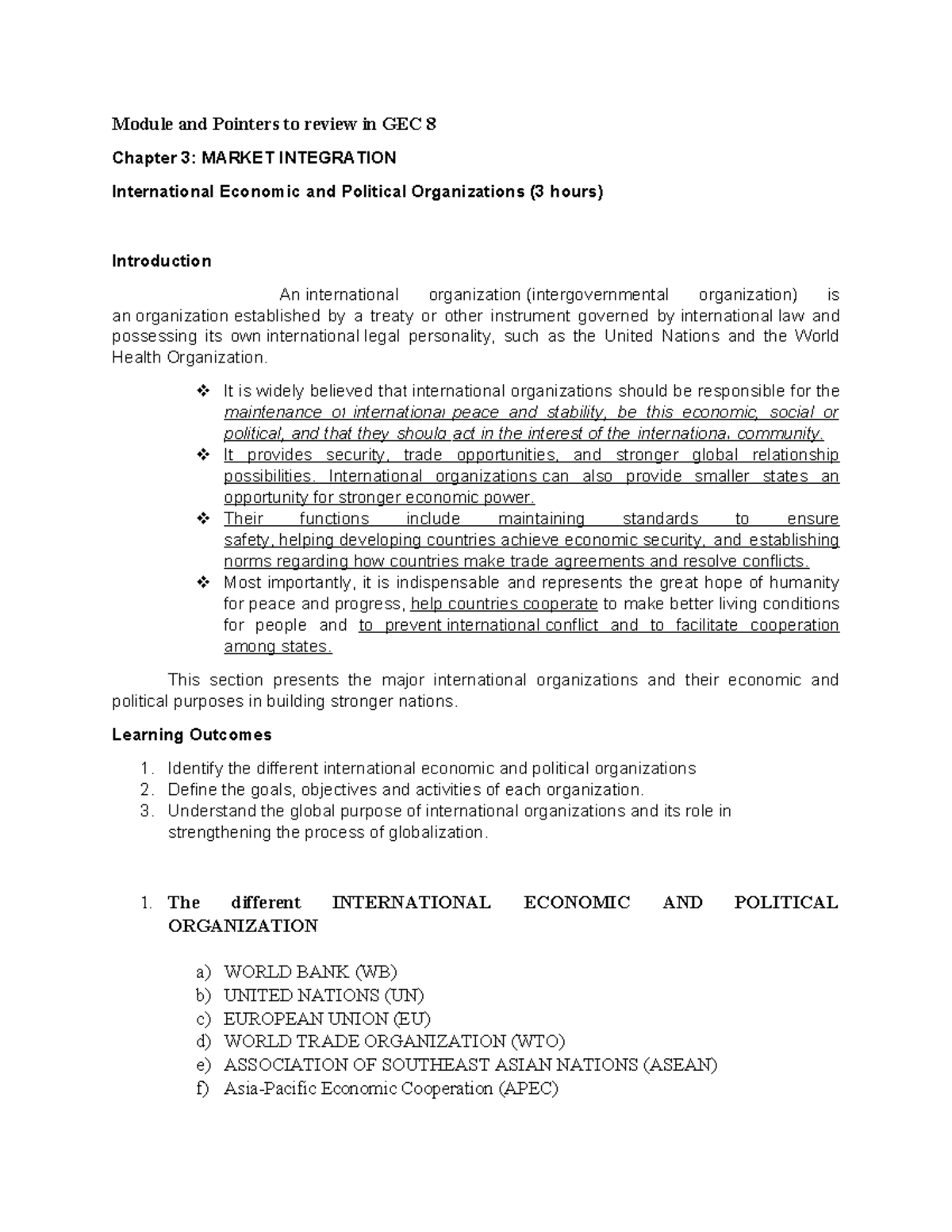 Module Review: International Economic and Political Organizations in ...