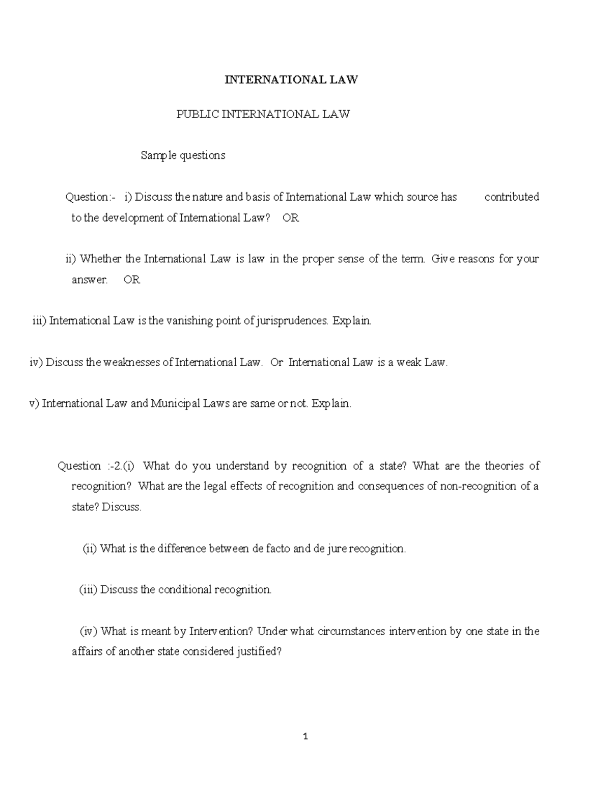 International Law (LAW 101): Key Concepts and Sample Questions - Studocu
