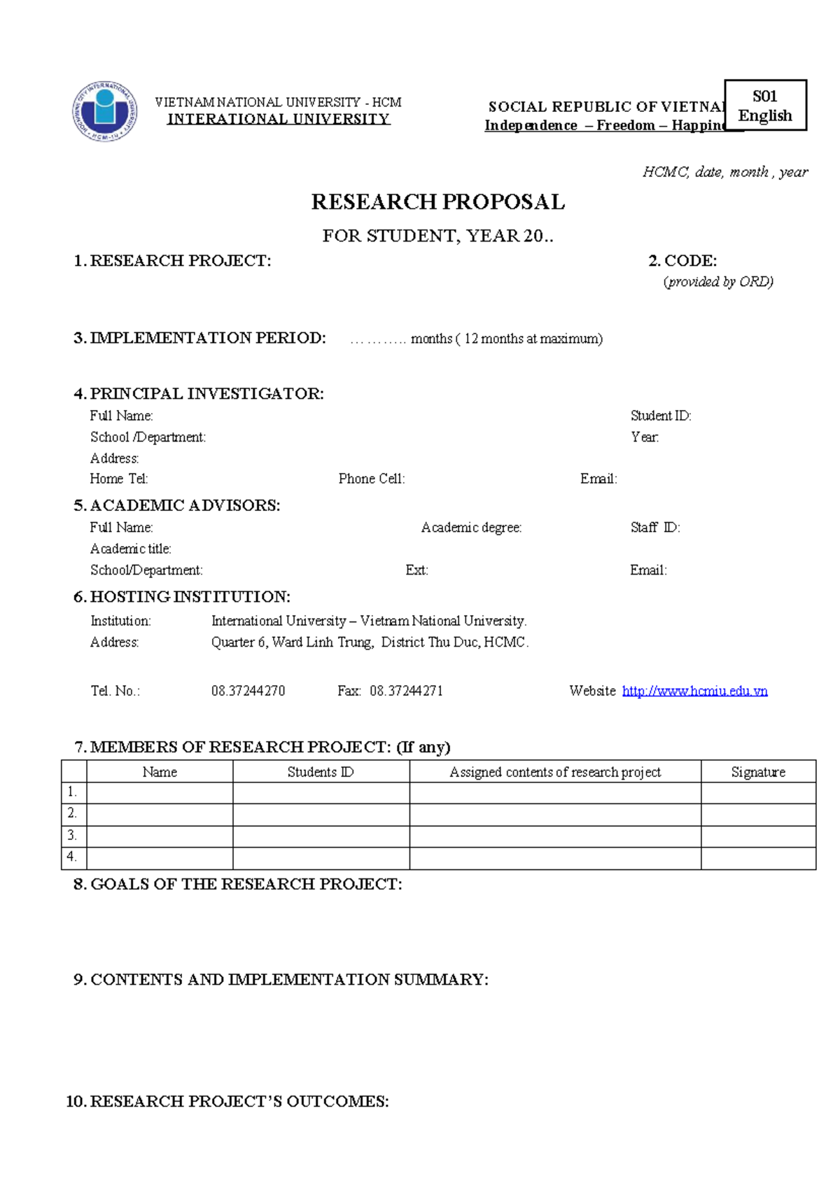 S01 Research Proposal Format for Student Projects at IU HCMC - Studocu