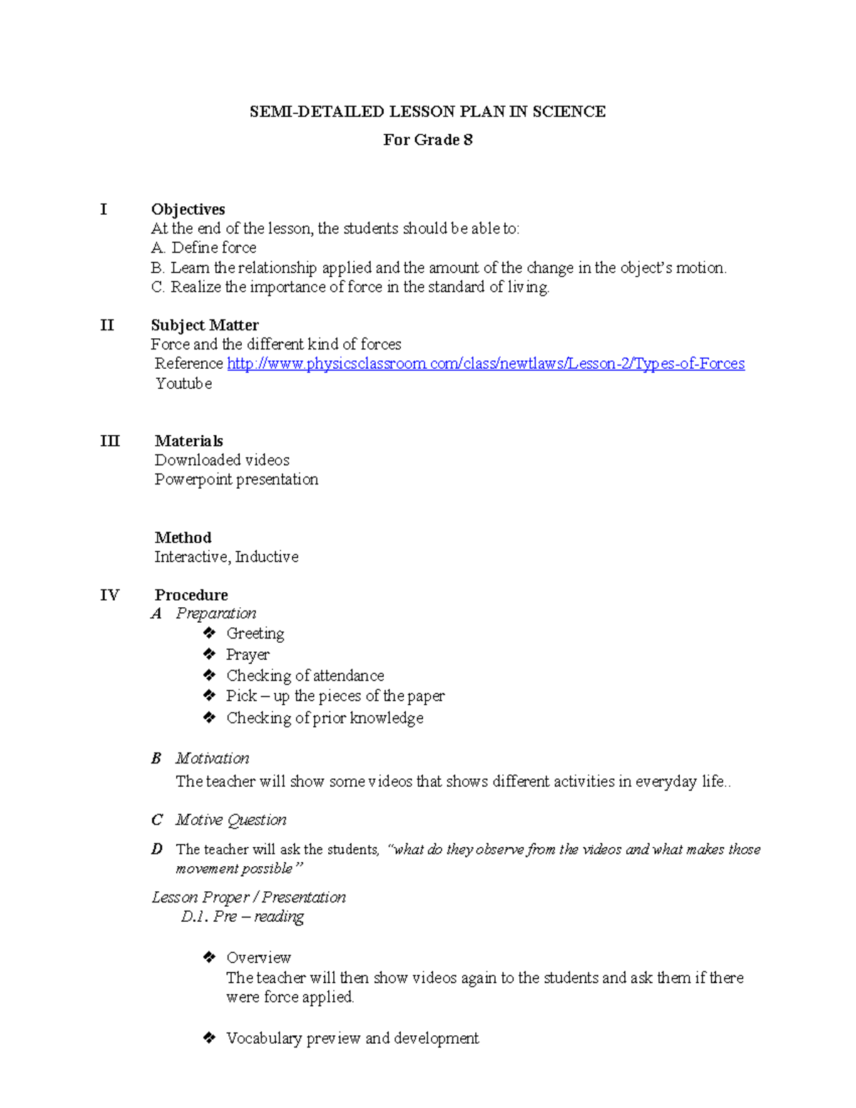 Semi-Detailed Lesson Plan in Science for Grade 8: Force Concepts - Studocu