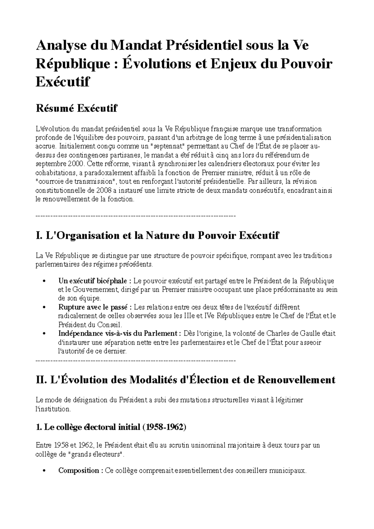 Analyse du Mandat Présidentiel sous la Ve République : Chapitre I - Studocu