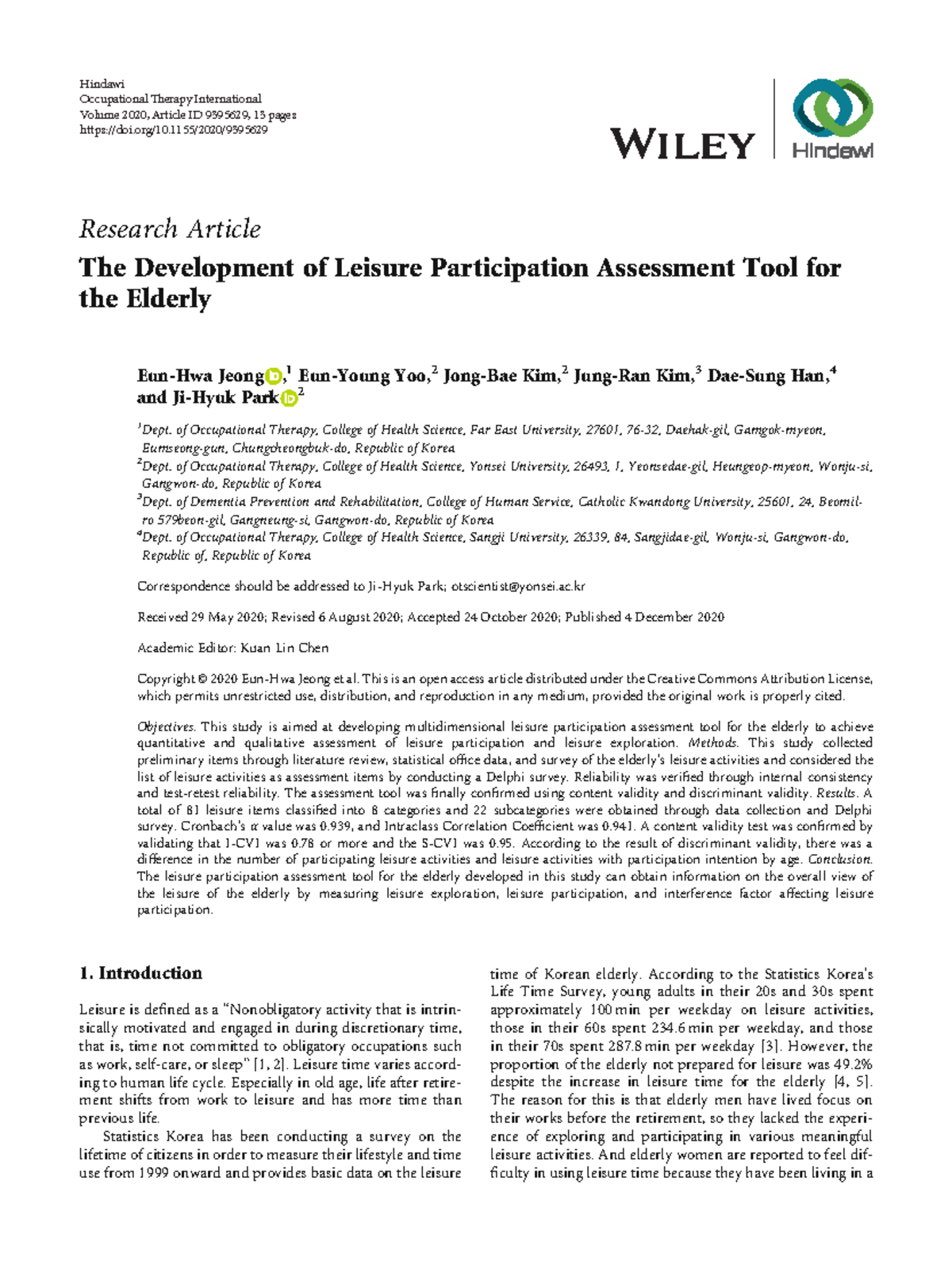 Developing a Leisure Participation Assessment Tool for the Elderly ...