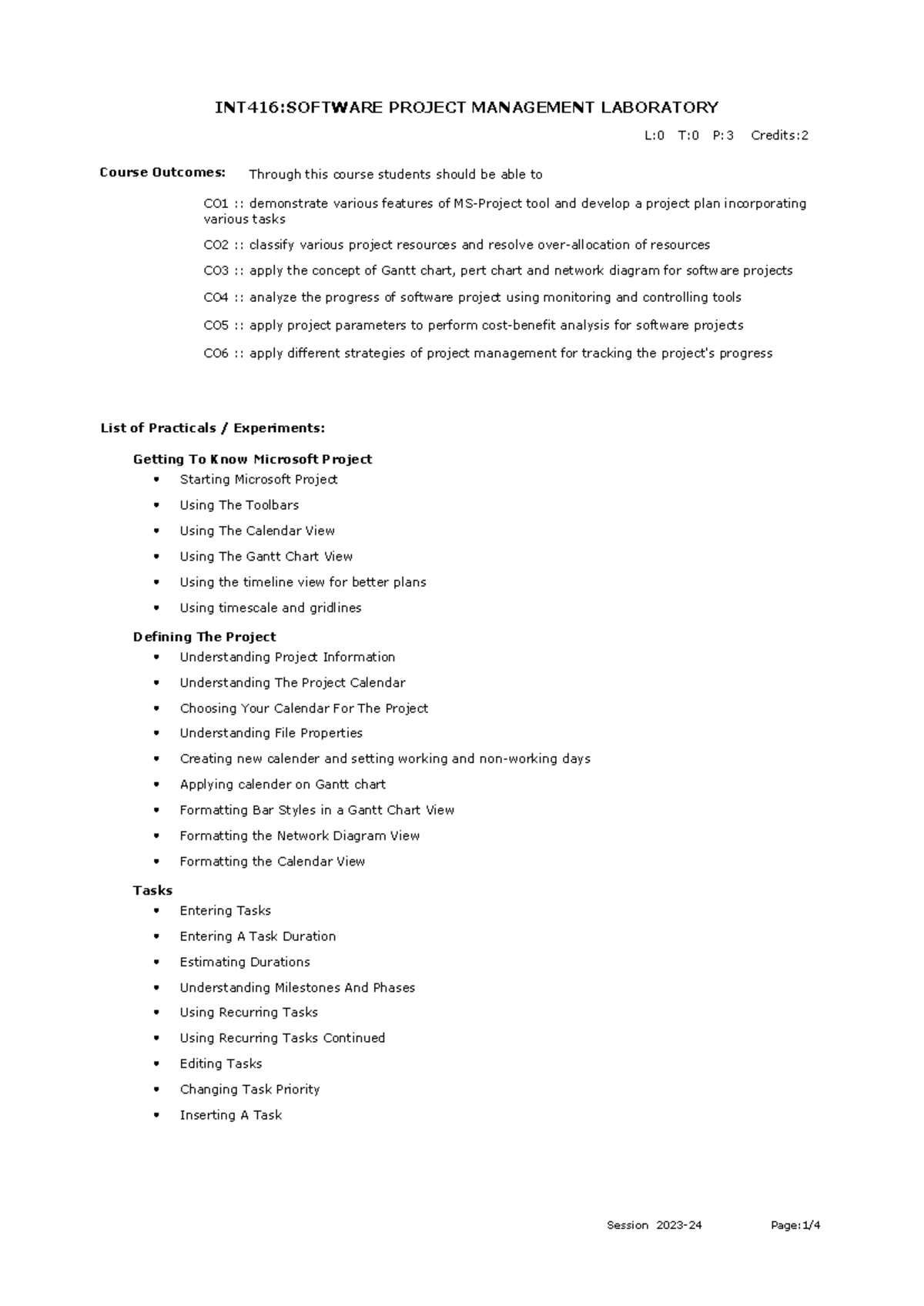 INT416: Software Project Management Lab Syllabus and Course Guide - Studocu