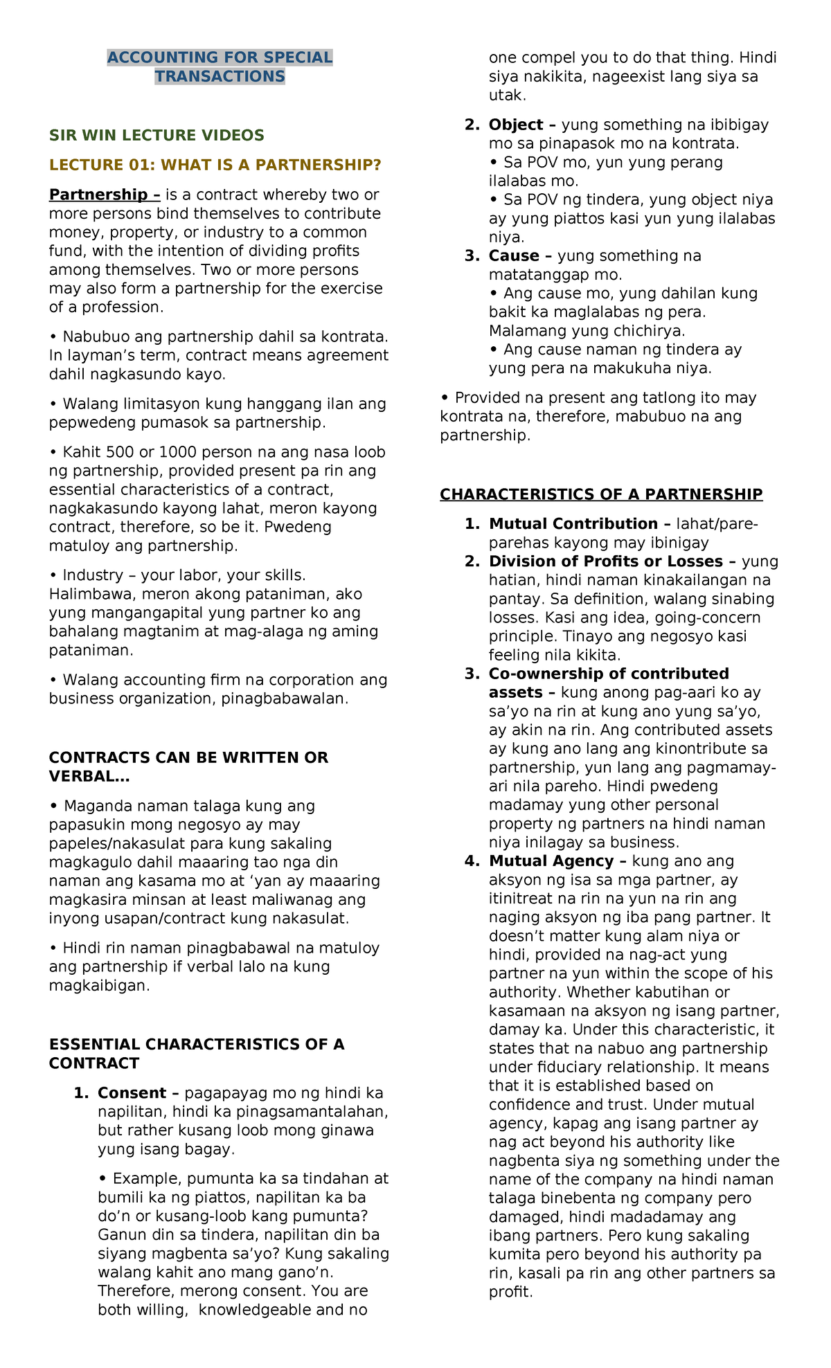 ACCOUNTING FOR SPECIAL TRANSACTIONS: PARTNERSHIP LECTURE NOTES (SIR WIN ...