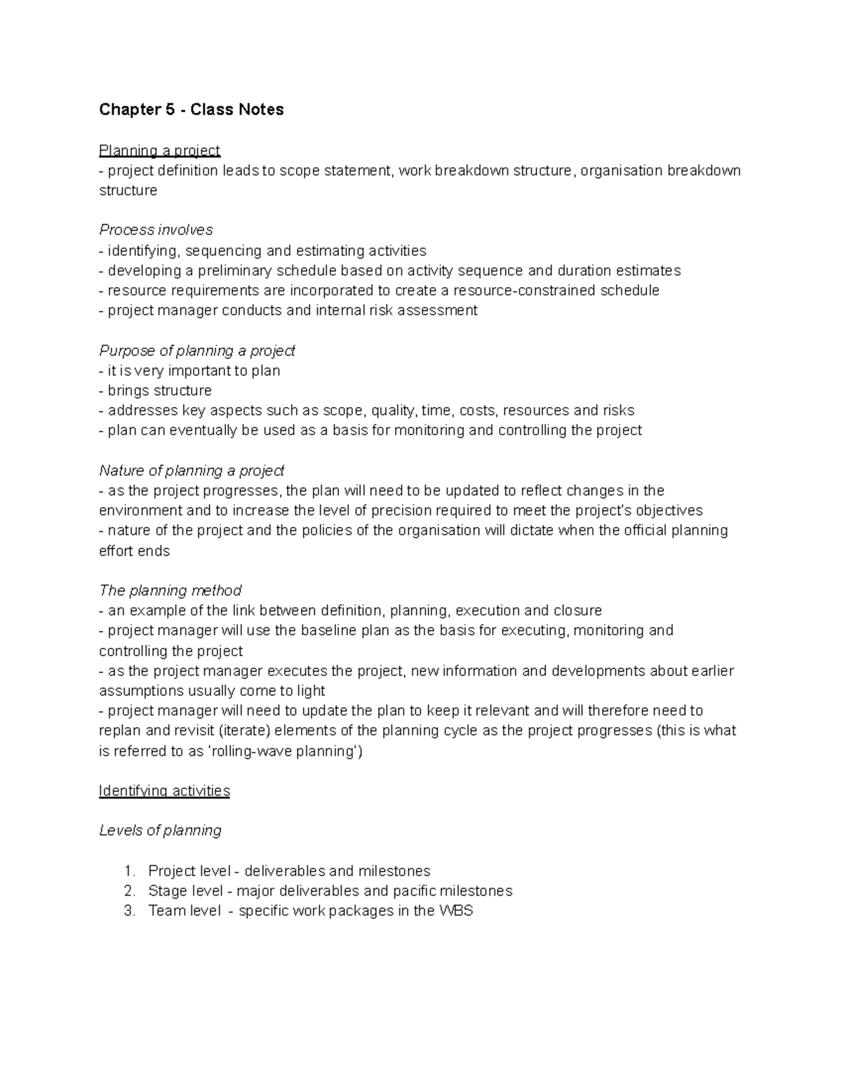 Chapter 5 - Class Notes (PM) - Chapter 5 - Class Notes Planning a ...