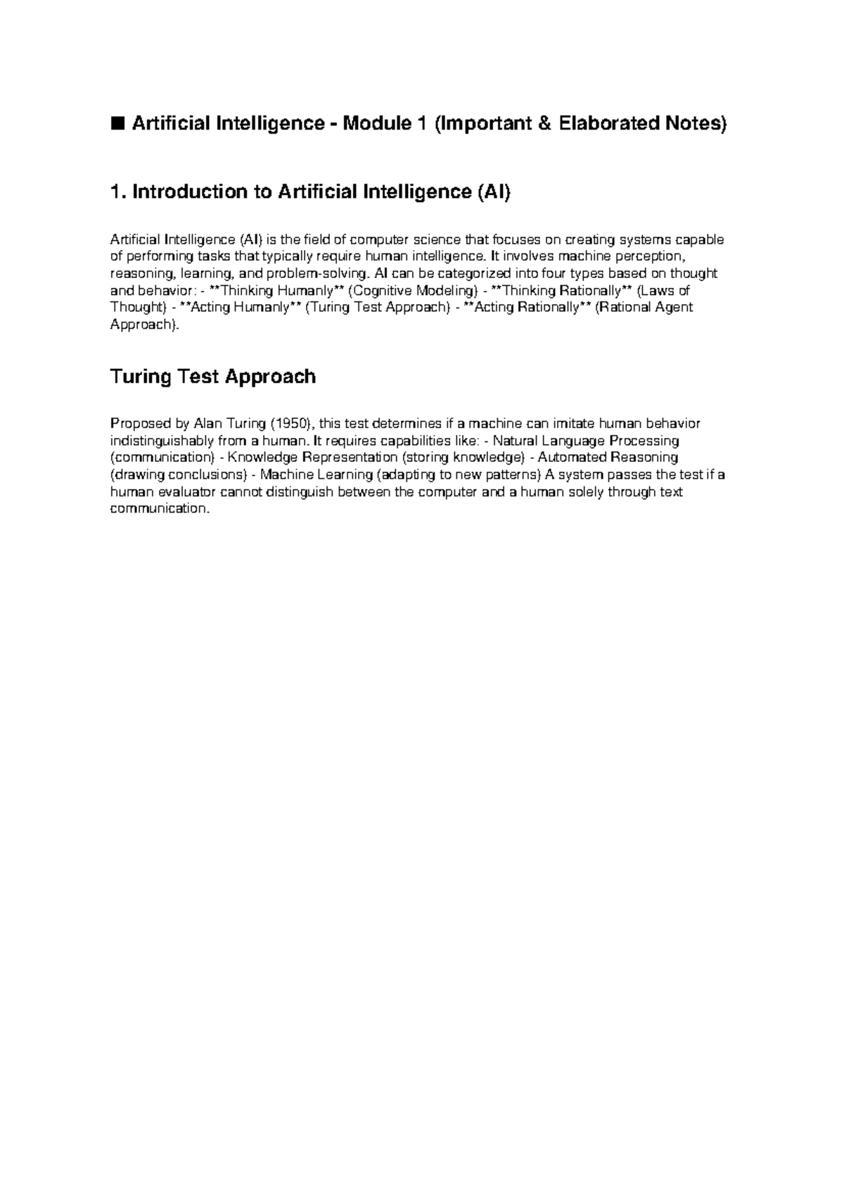 AI Module 1: Key Concepts and Important Notes on Artificial ...