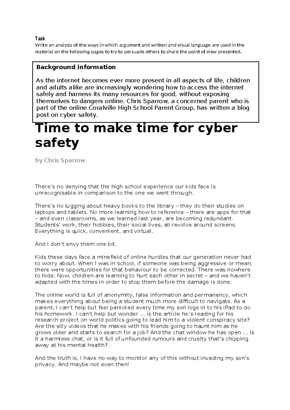 AA Cyber Safety Analysis: Persuasion in Chris Sparrow's Blog Post - Studocu