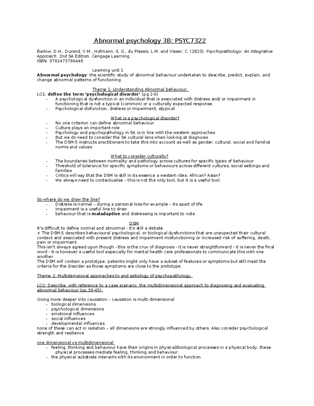 Abnormal Psychology Lecture Notes: PSYC7322 - Learning Unit 1 Insights ...