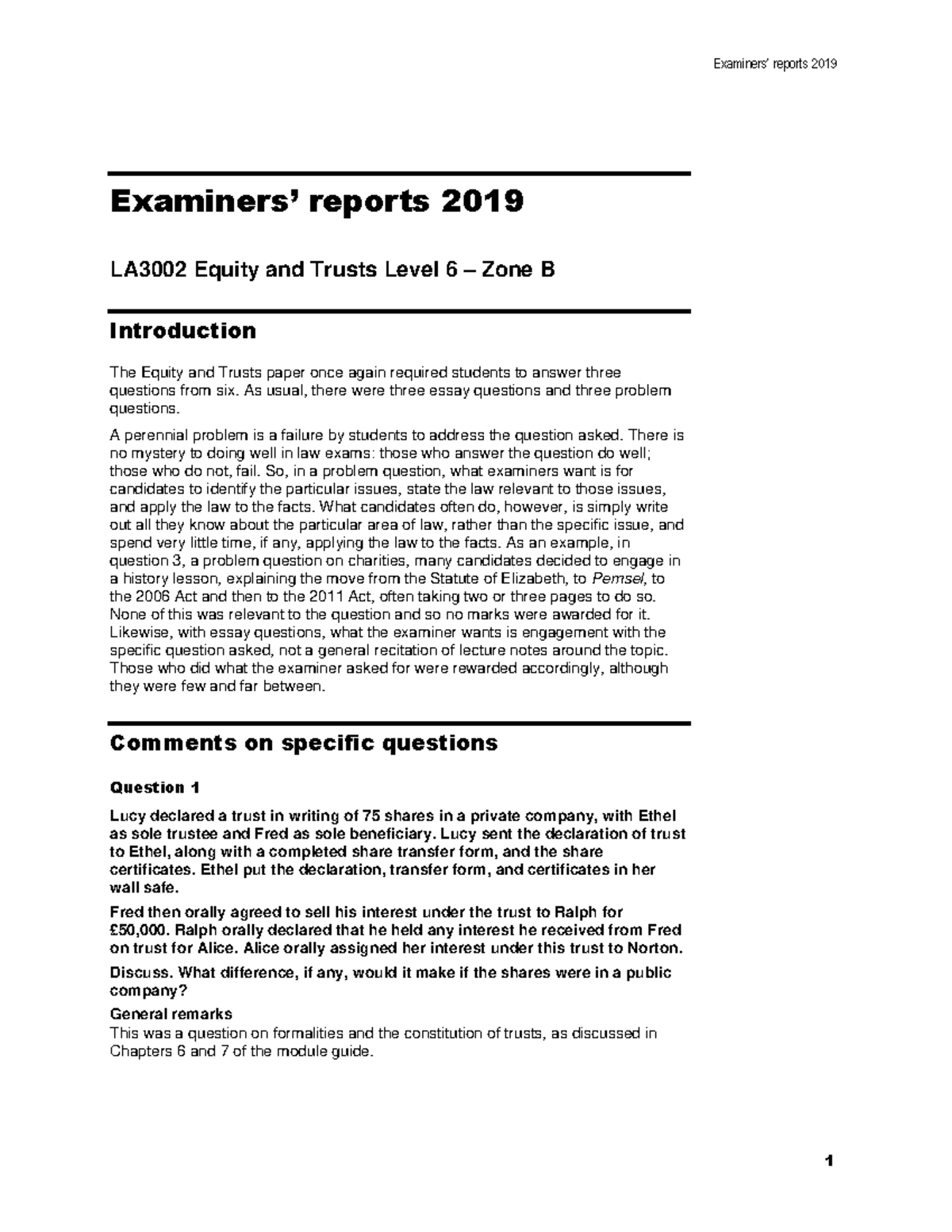 Equity and Trusts L6 Report 2019 B: Past Paper Exam Insights - Studocu
