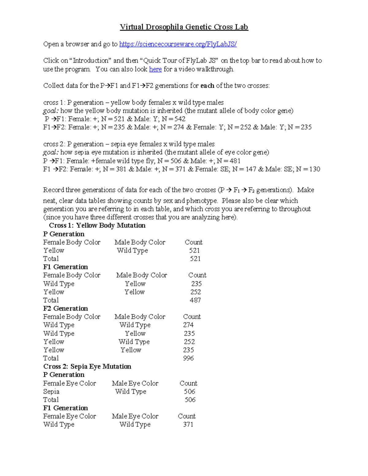 Fruit Fly Lab (BIO 101): Genetic Cross Analysis and Linkage