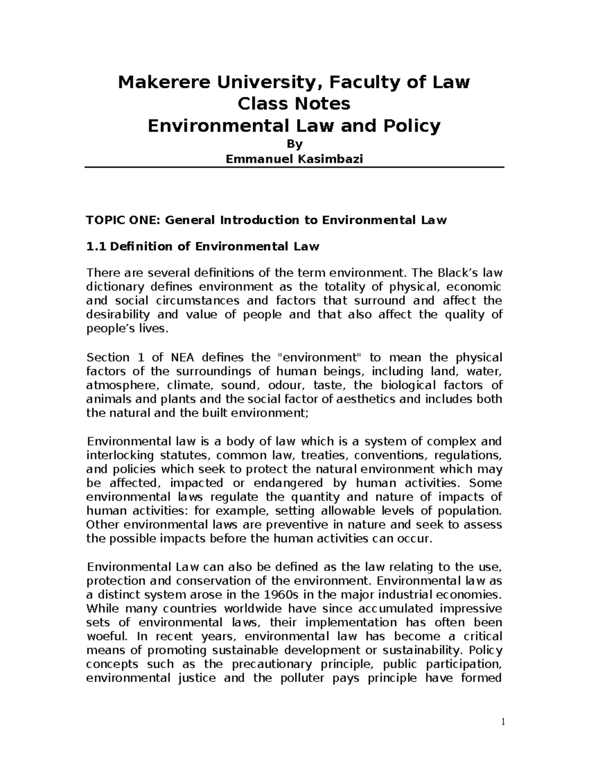 Makerere University, LAW 101: Environmental Law Class Notes - Studocu
