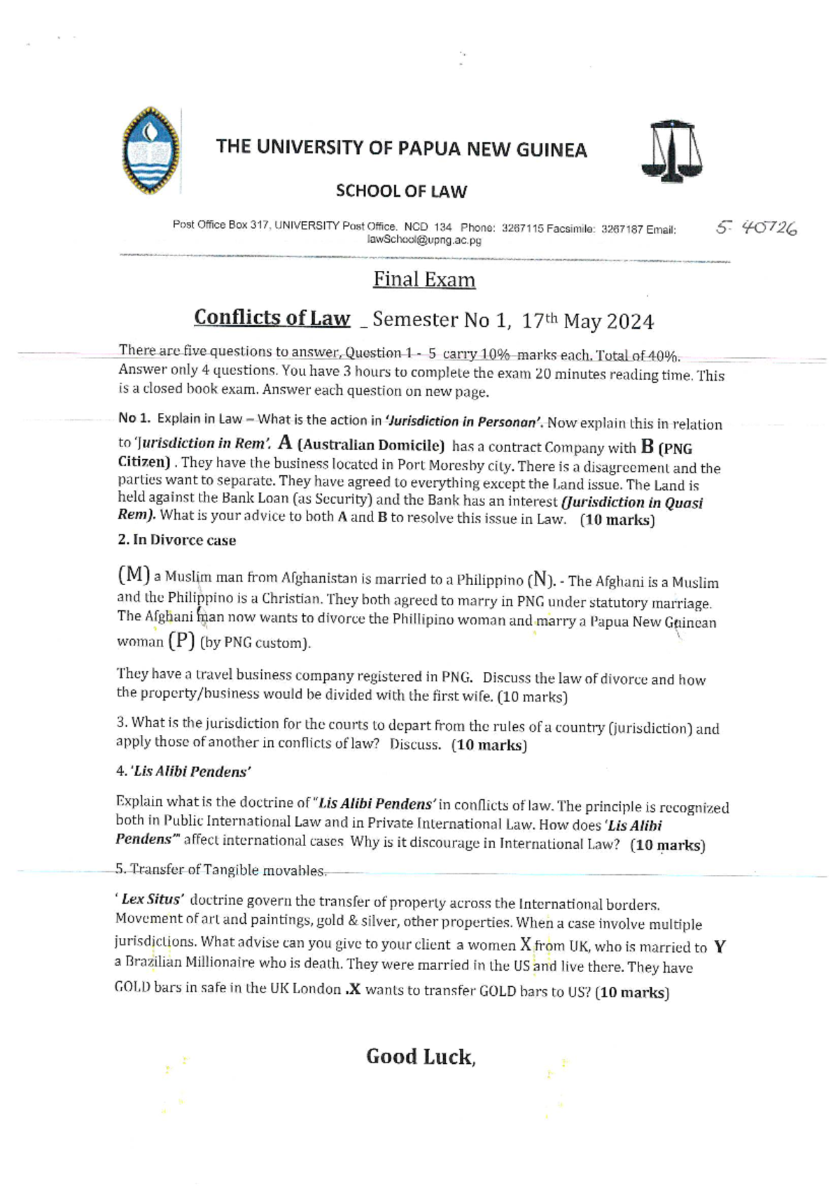 5.40726 Final Exam: Conflicts of Law - Semester 1, 2024 - Studocu