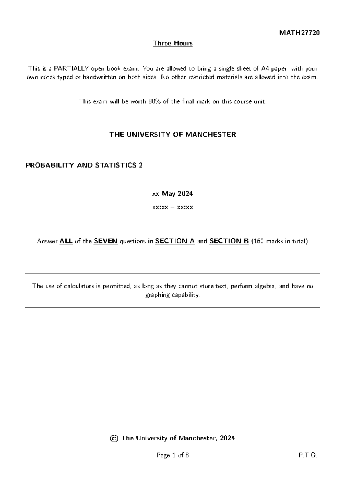 MATH27720 2024 Final Exam Past Paper on Probability & Statistics - Studocu