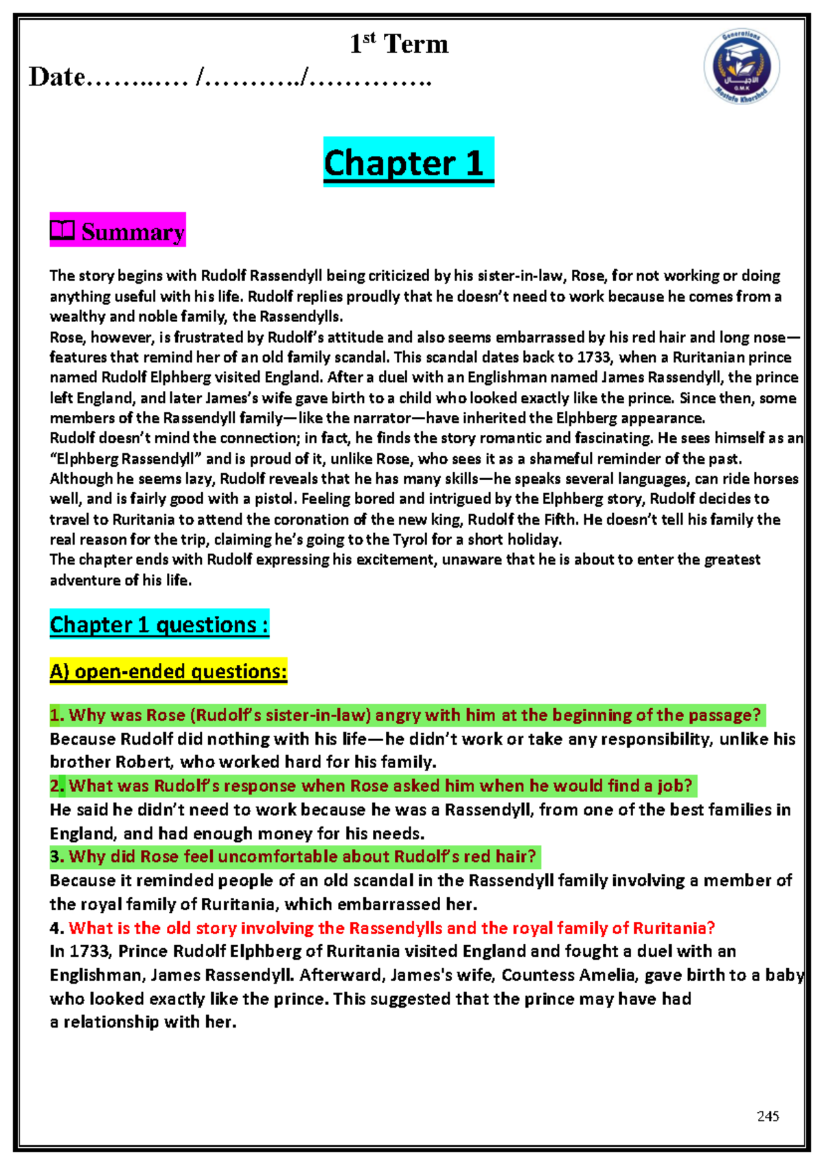 Prisoner of Zenda (ENG 101) 1st Term Chapter 1 &