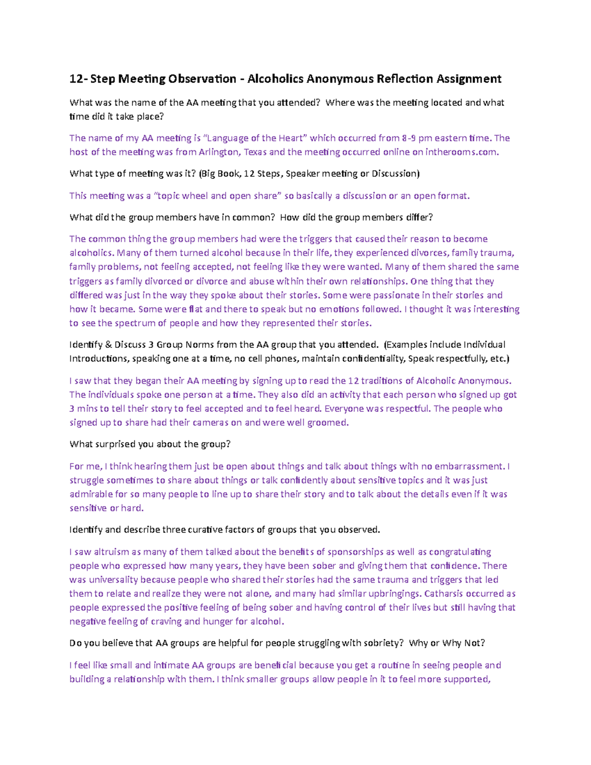 12-Step Meeting Observation Reflection for AA - Assignment - Studocu