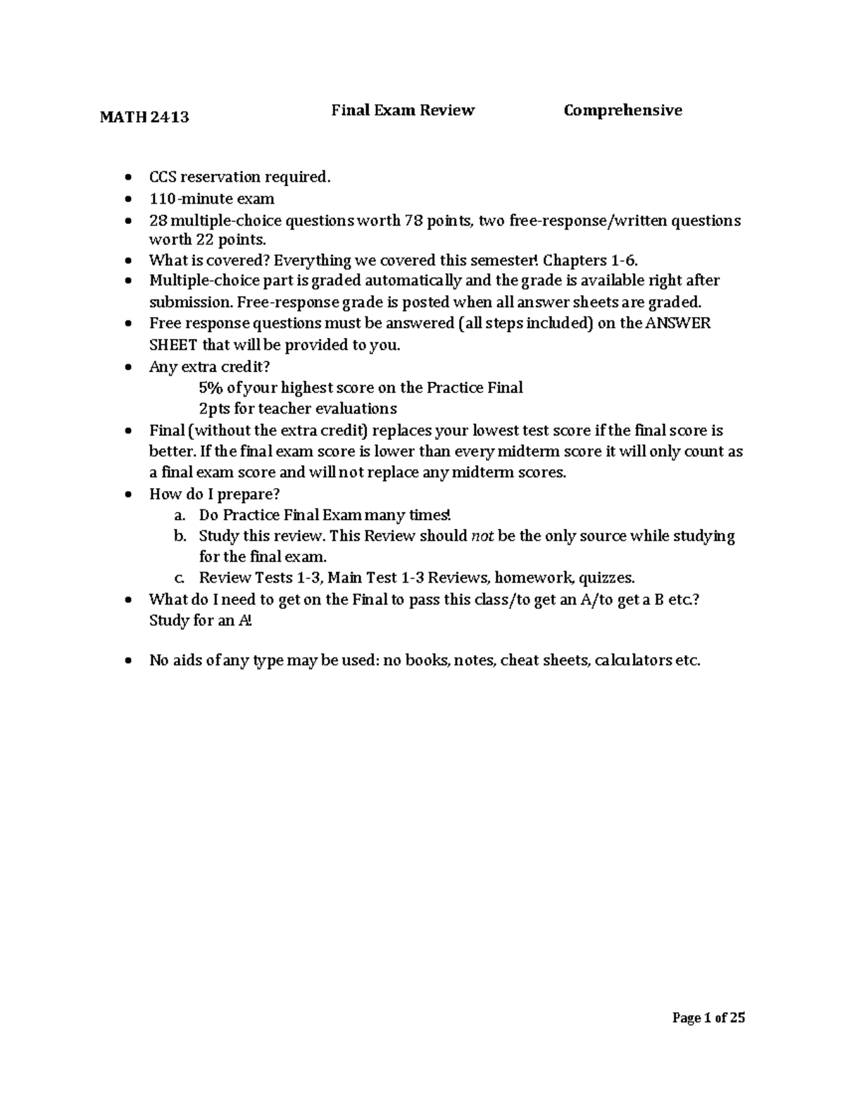 MATH 2413 Final Exam Review: Comprehensive Study Guide - Studocu