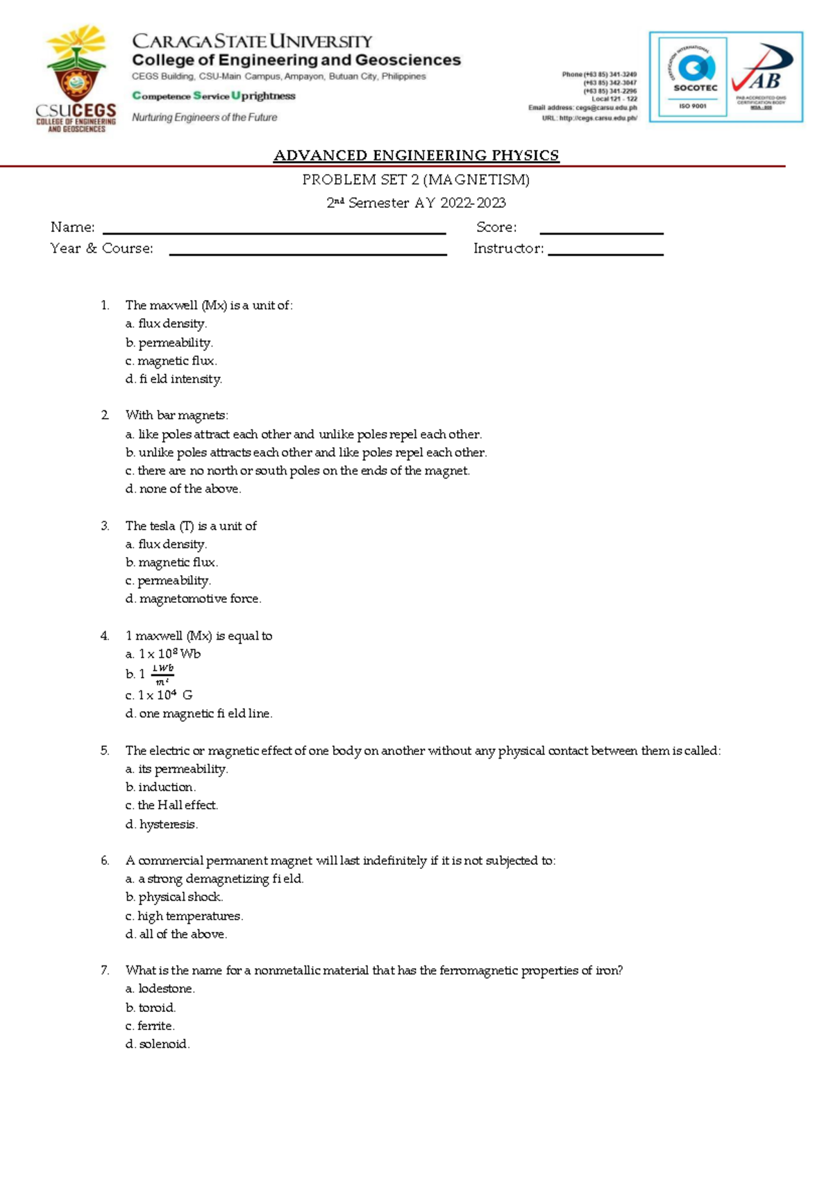 ECE 101 Problem Set 2: Understanding Magnetism Concepts - Studocu