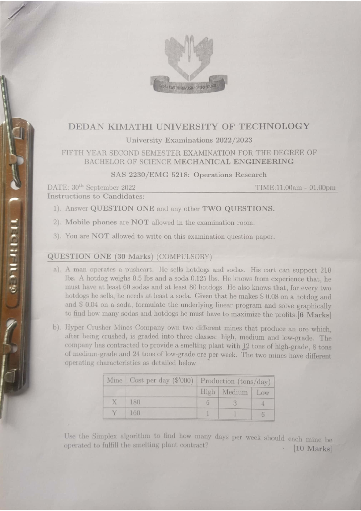 5th Year SAS 5218 Operations Research Past Exam Papers & Study Notes ...