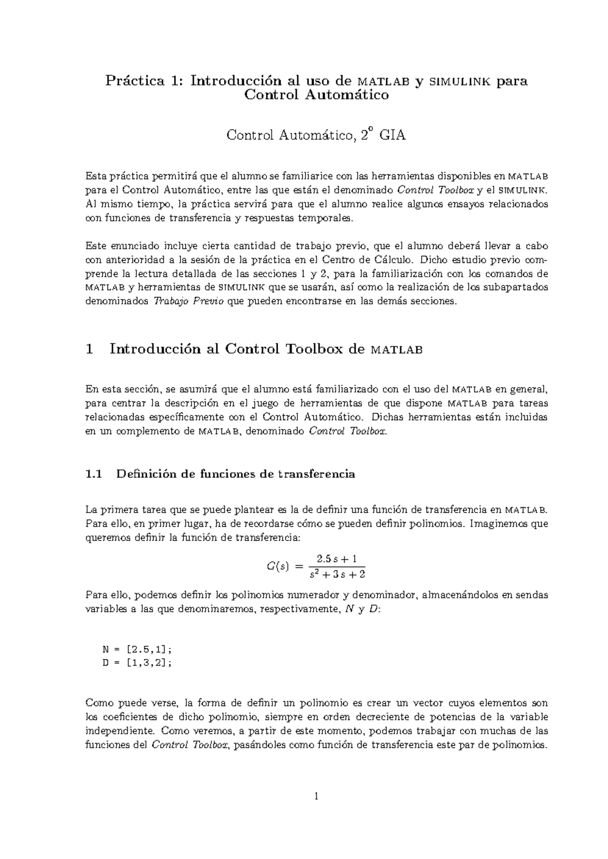 Ejercicios de Transferencia y Simulación con Matlab y Simulink - Control 2 GIA - Document Preview