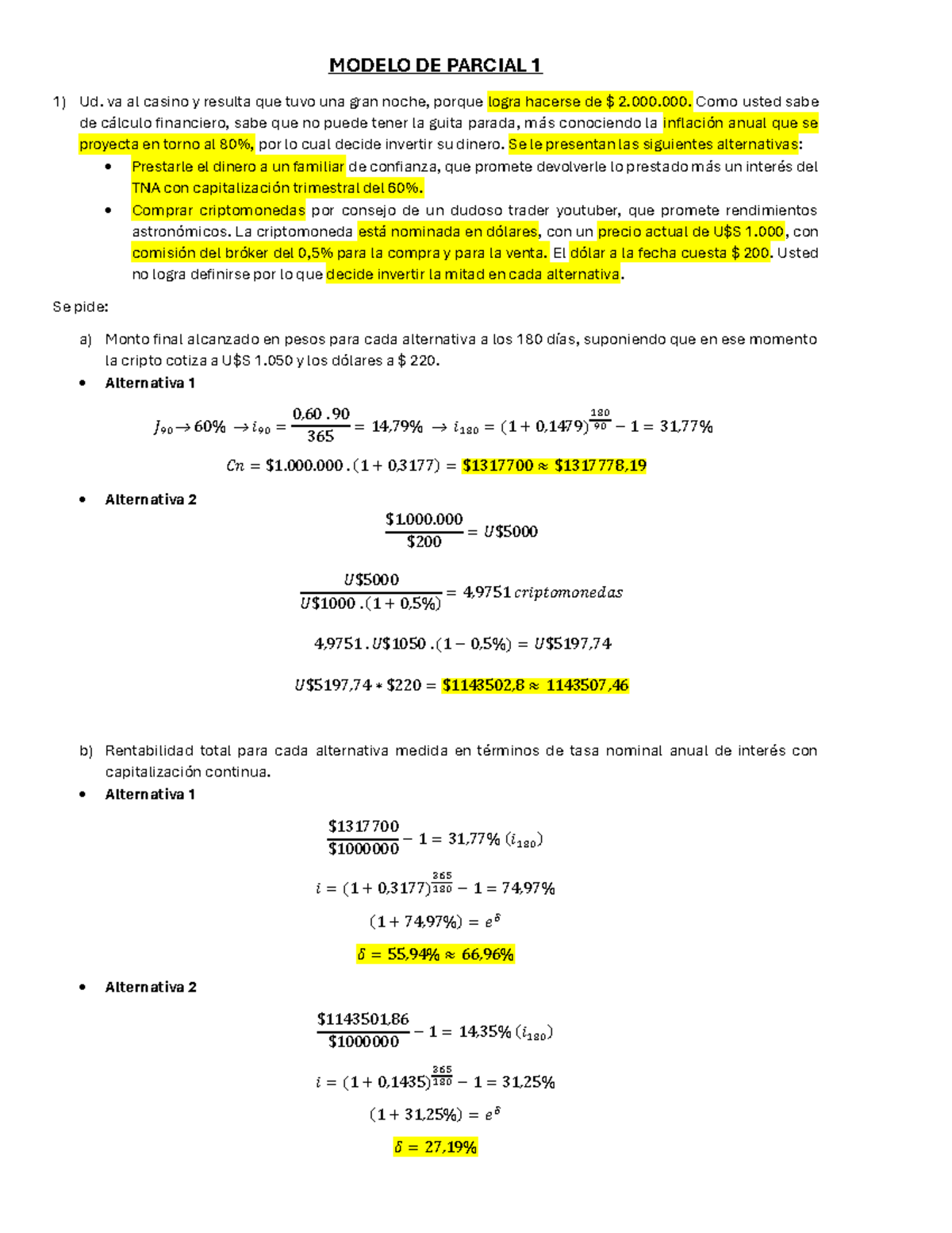 Modelo de Parcial 1 y 2 de Cálculo Financiero Resuelto - 2023 - Studocu