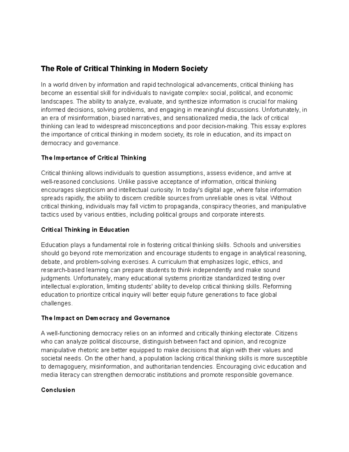 Critical Thinking: Its Role and Importance in Modern Society - Studocu