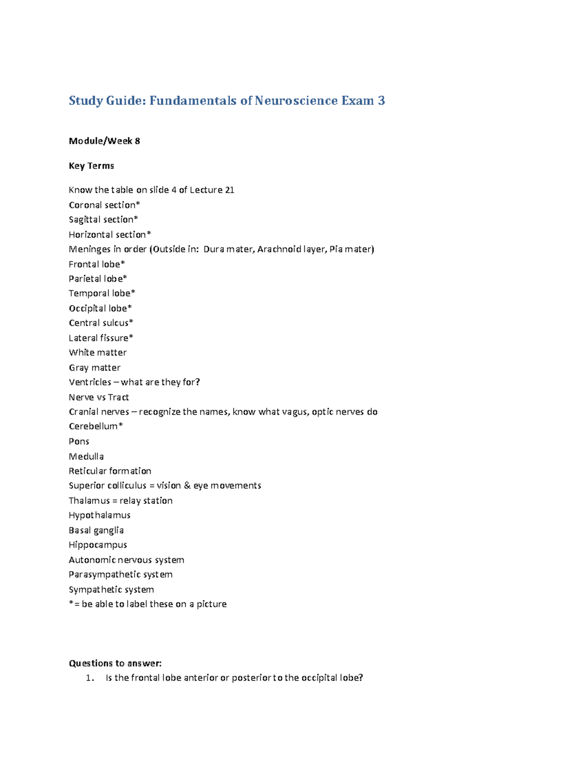 Study Guide: Neuroscience Exam 3 Key Terms & Concepts S23 - Studocu
