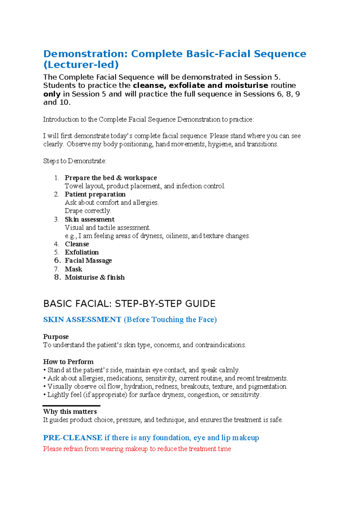1 Demonstration: Complete Basic Facial Sequence (Session 5) - Studocu