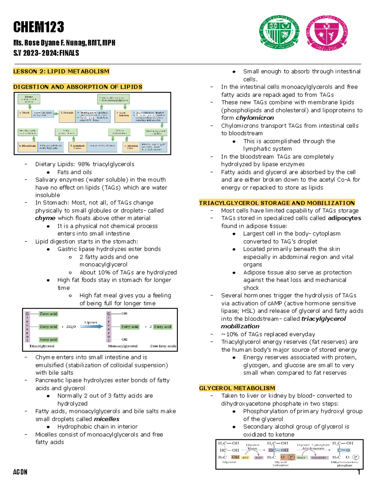 CHEM123 Final Exam Notes: Lipid Metabolism Overview - Studocu