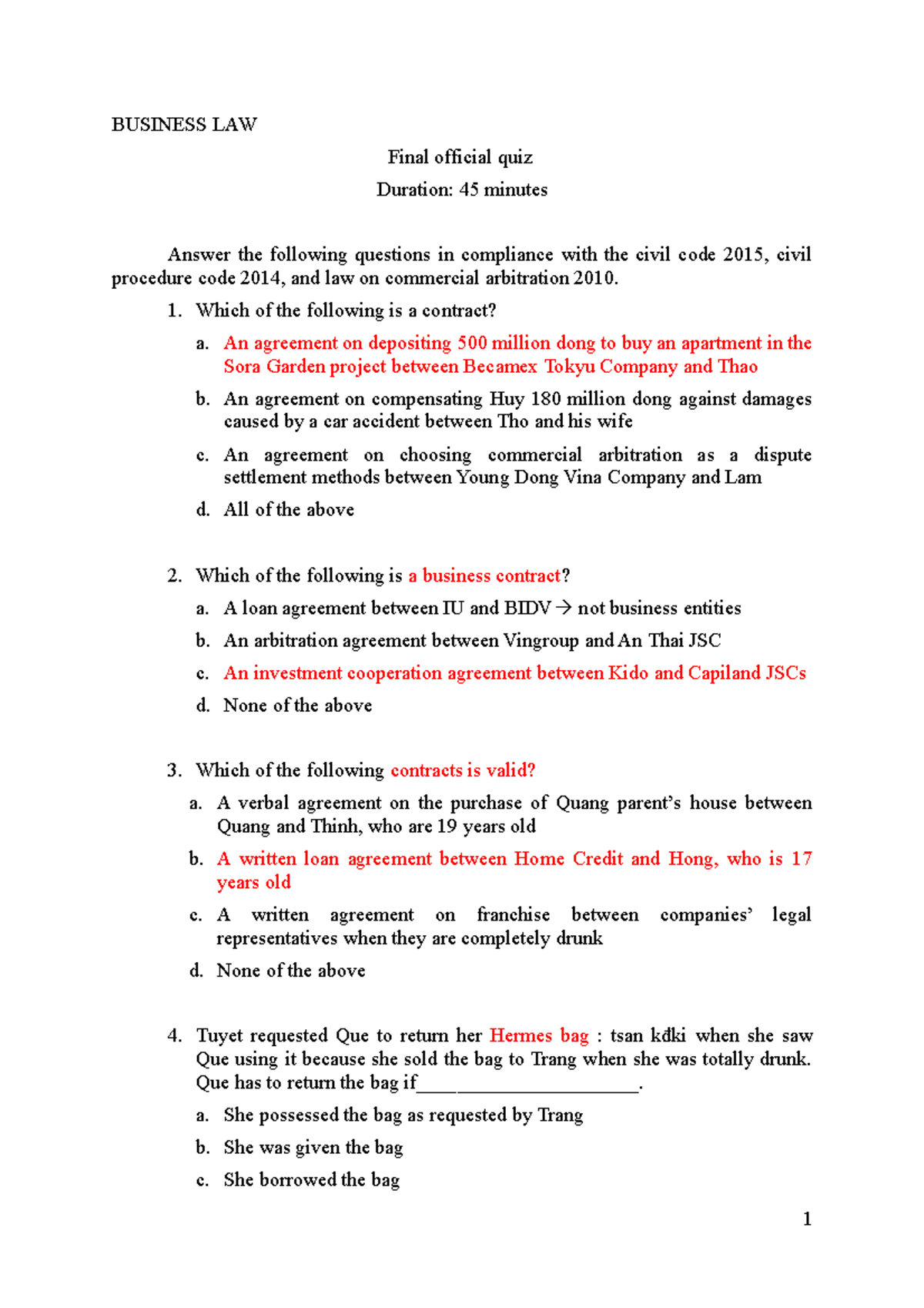 Business Law Quiz: Final Exam Review 2020-2021 Term 2 - Studocu