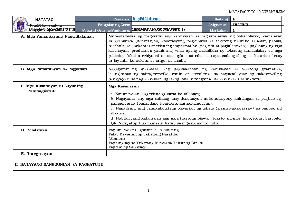 DLL Matatag PE & Health 4 Q1 Week 1 Lesson Log - Studocu