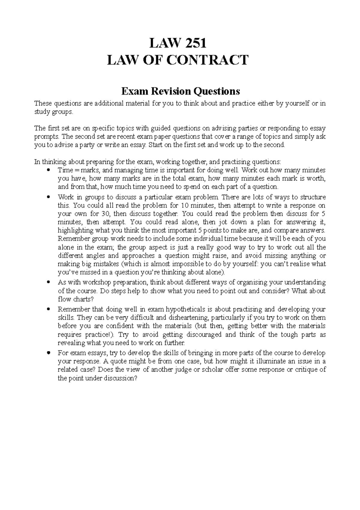 LAW 251 Exam Revision: Contract Law Questions & Study Tips - Studocu