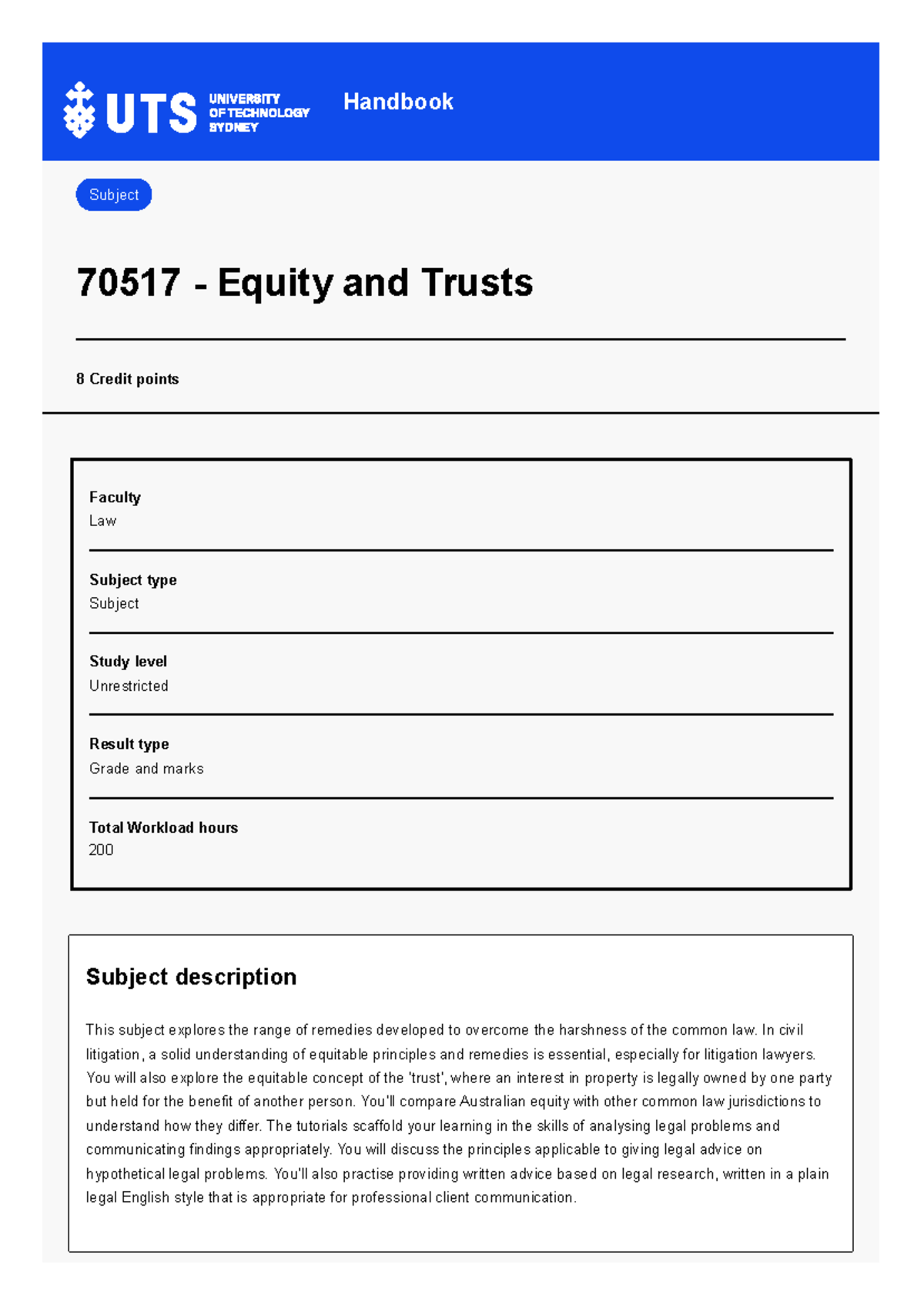 Equity and Trusts Overview - Subject 70517 (8 Credit Points) - Studocu