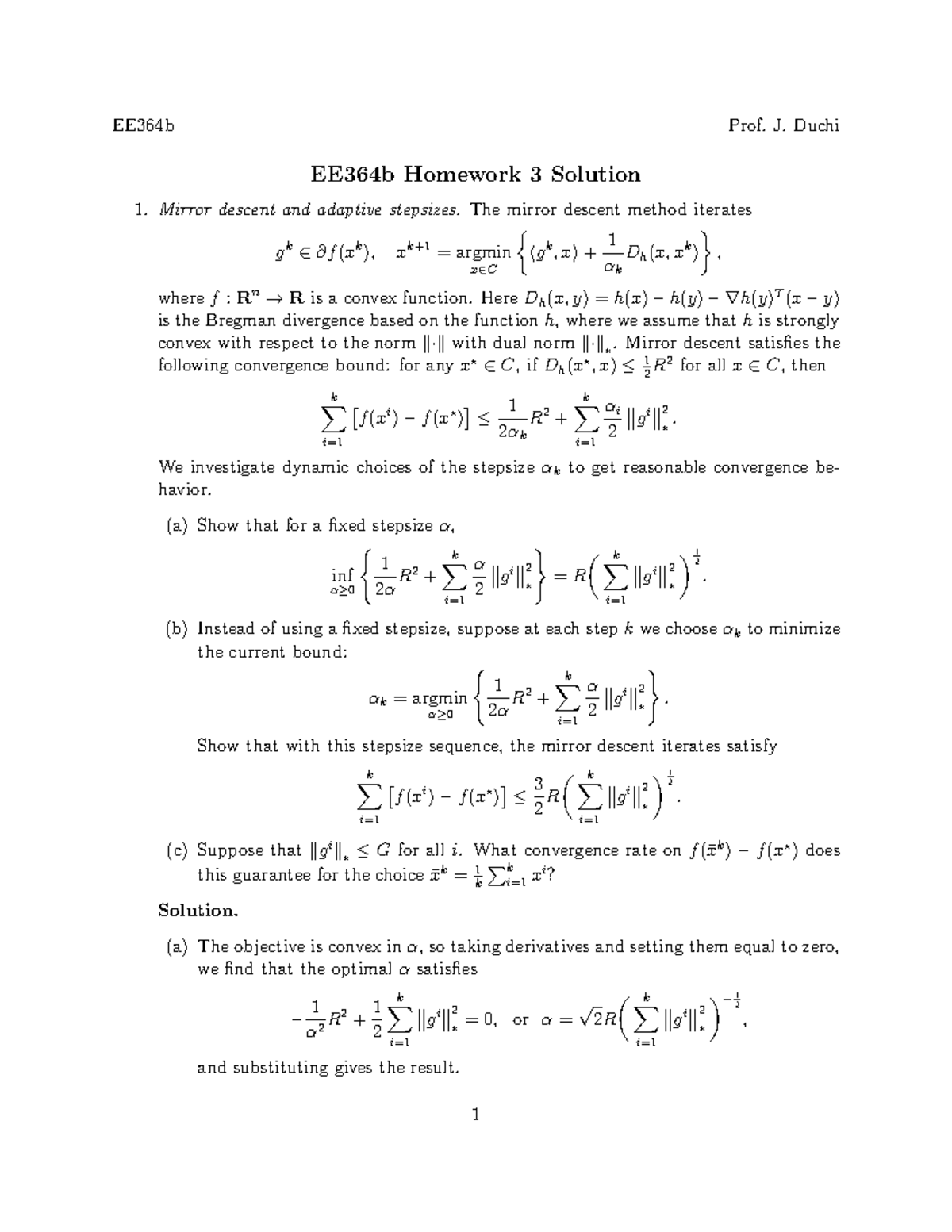 EE364b Homework 3 Solutions: Mirror Descent and Gradient Descent ...