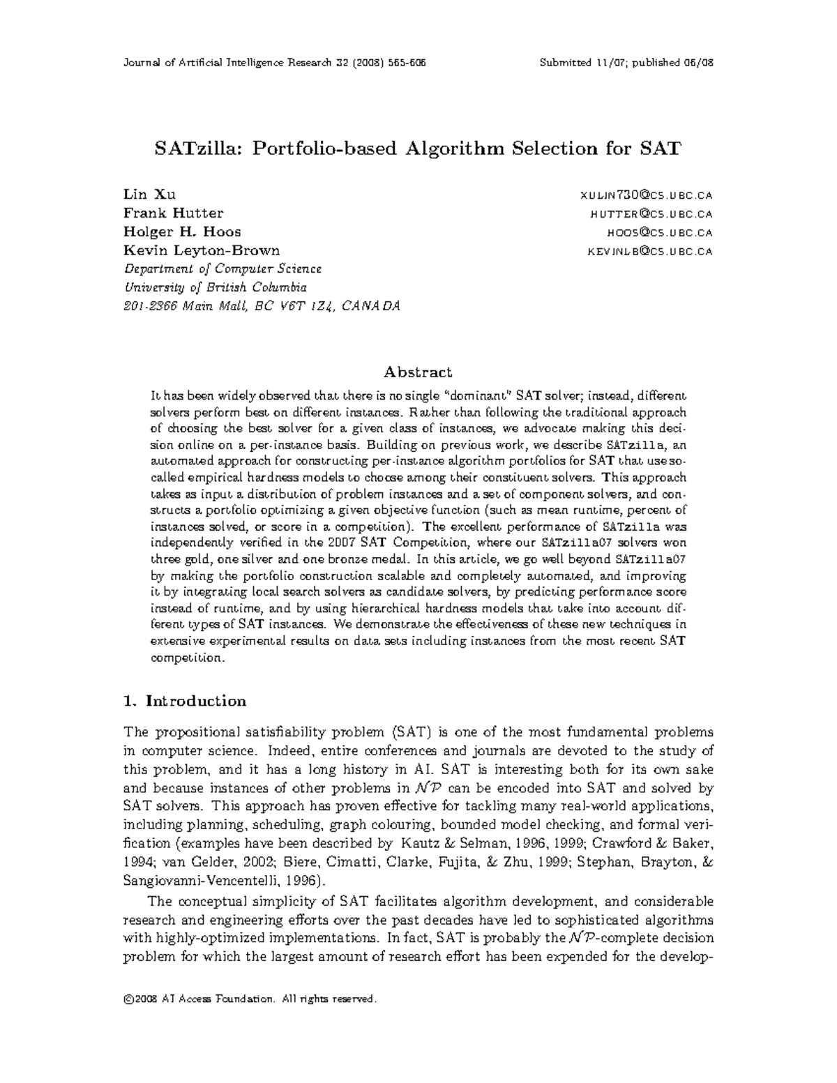 SATzilla: Portfolio-Based Algorithm Selection for SAT Research - Studocu