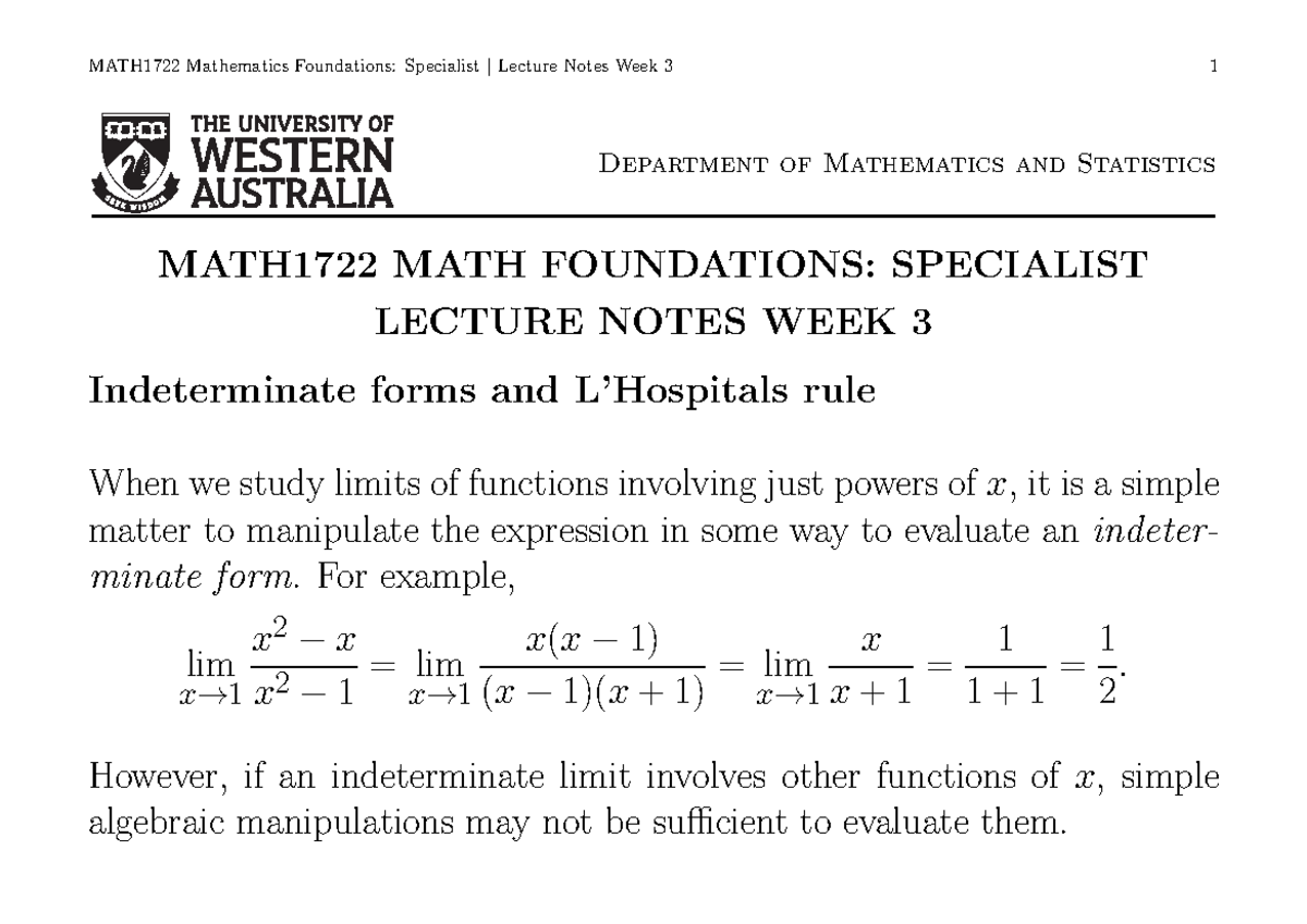 MATH1722 Lecture Notes: Week 3 - Indeterminate Forms & L'Hospital's ...