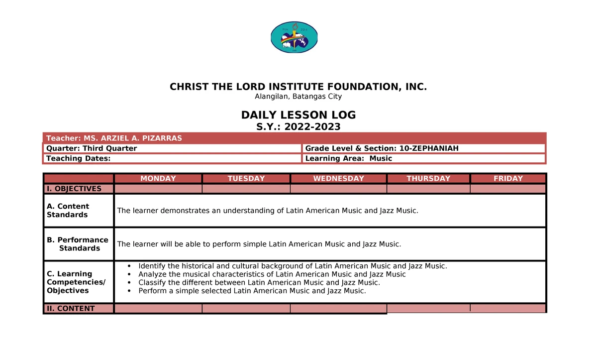 Daily Lesson Log for MAPEH 10 - First Quarter 2022-2023 - Studocu